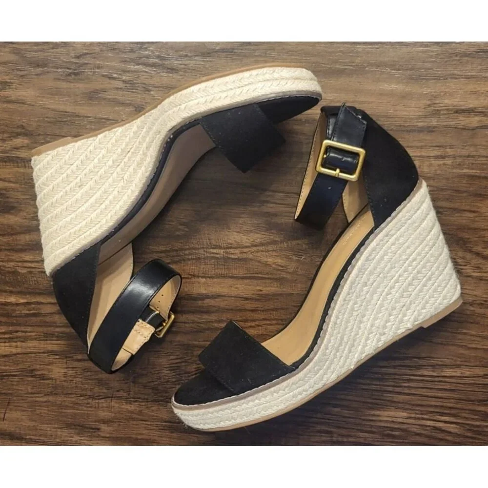 Banana Republic Black Suede Espadrille Wedge Sandals Sz 9 Minimalist Preppy